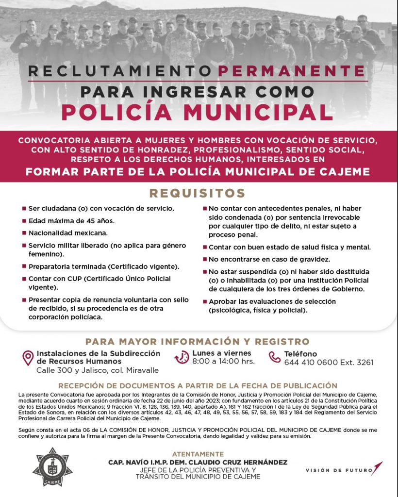 CONVOCAN A MUJERES Y HOMBRES PARA QUE INGRESEN A LA POLICÍA MUNICIPAL