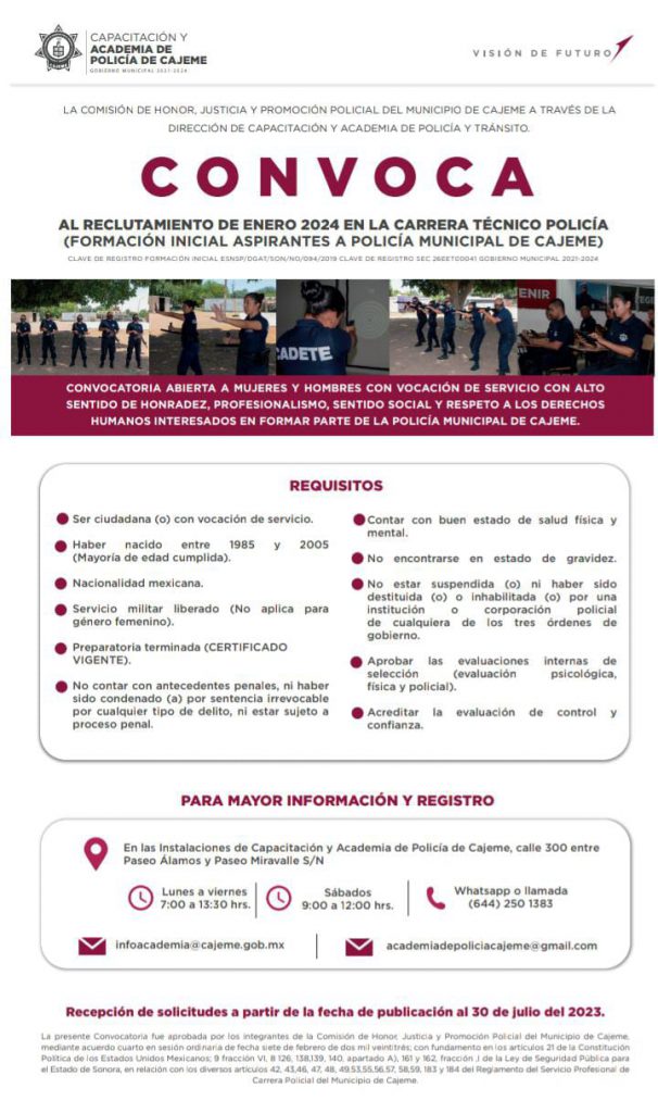 SE ABRE NUEVA CONVOCATORIA PARA ASPIRANTES A CADETES DE LA ACADEMIA DE POLICÍA MUNICIPAL 2024