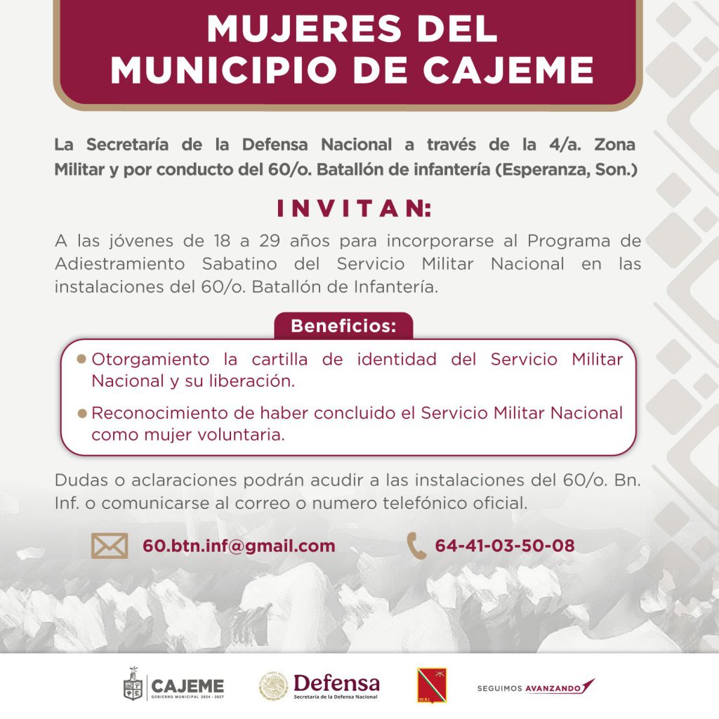 INVITA JUNTA MUNICIPAL DE RECLUTAMIENTO A MUJERES DE CAJEME A PROGRAMA DE ADIESTRAMIENTO DEL SMN