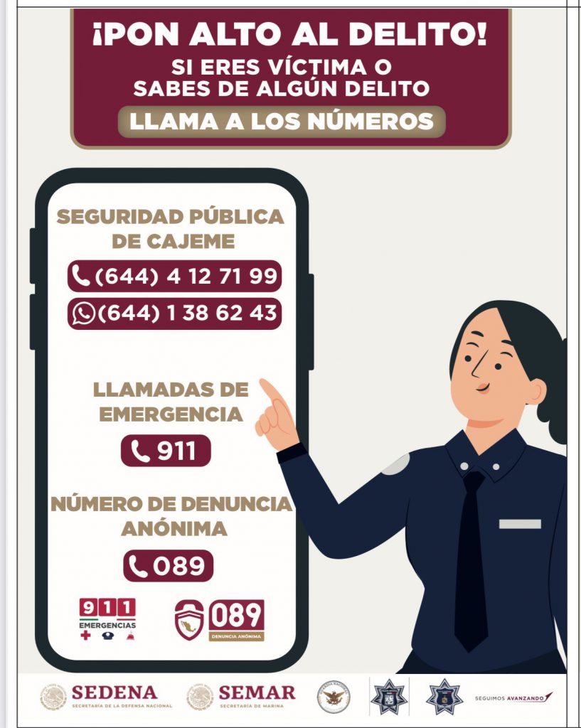 SSPM DE CAJEME REITERA DISPONIBILIDAD DE NÚMEROS DE EMERGENCIA 911 Y 089 PARA DENUNCIAS ANÓNIMAS